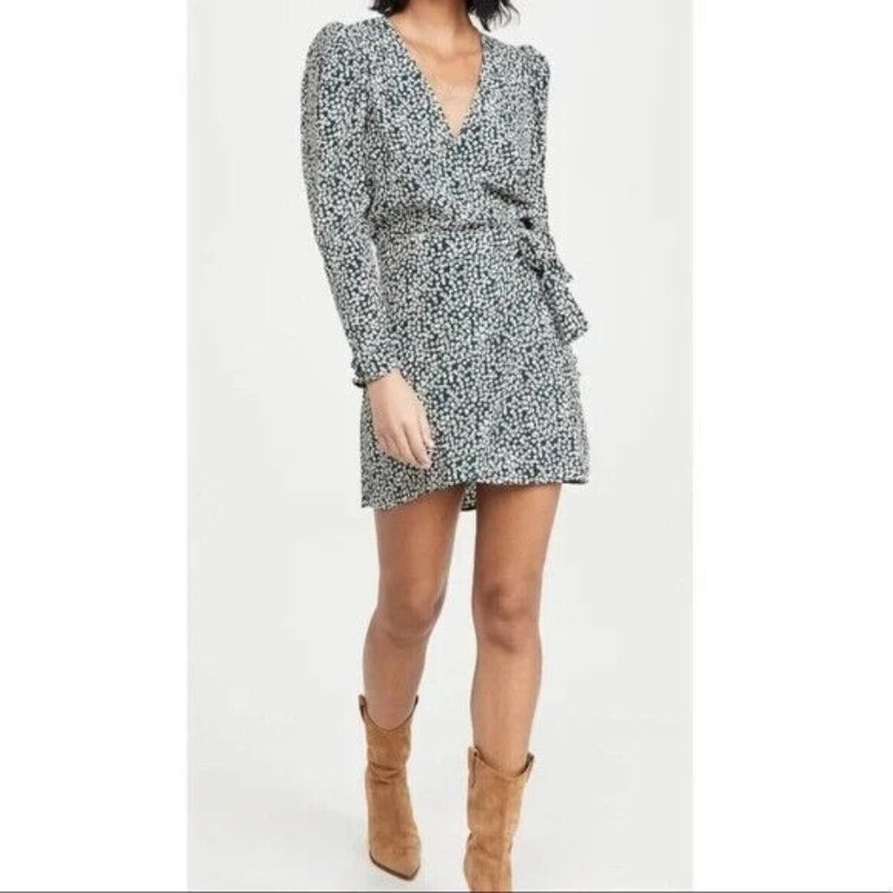 FREE People Kinsley Floral Wrap Dress Size 4 Green Western Country Boho Puff